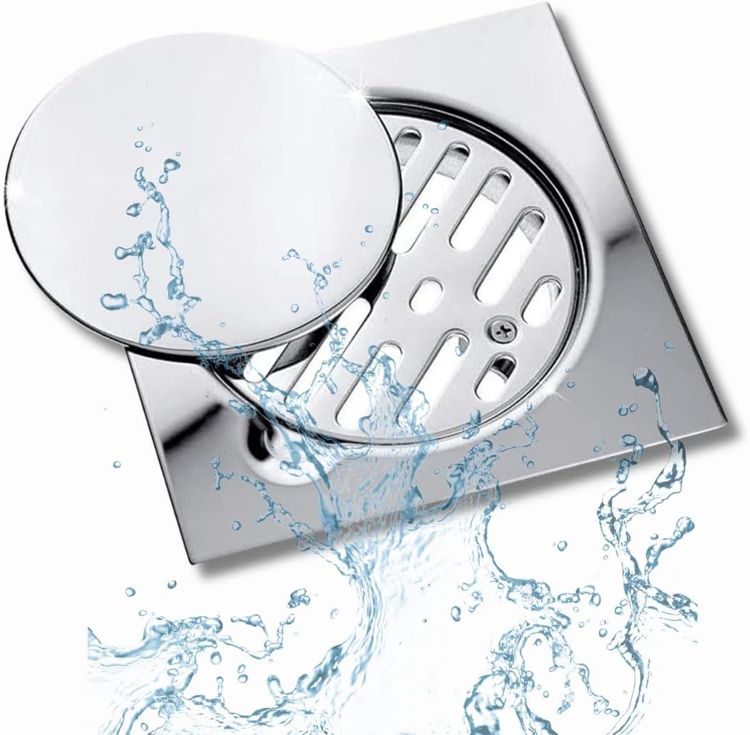 Stainless Steel 15cm x 15cm Bathroom Shower Floor Drain with Grill and Lid